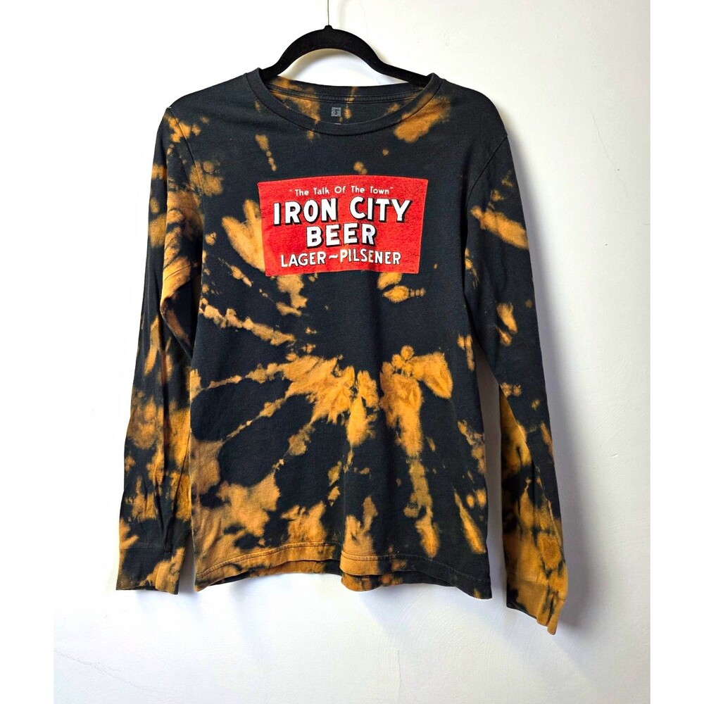 Crew Neck Steel City Iron City Beer Tie-Dye Graphic Long Sleeve T-Shirt, Blac S